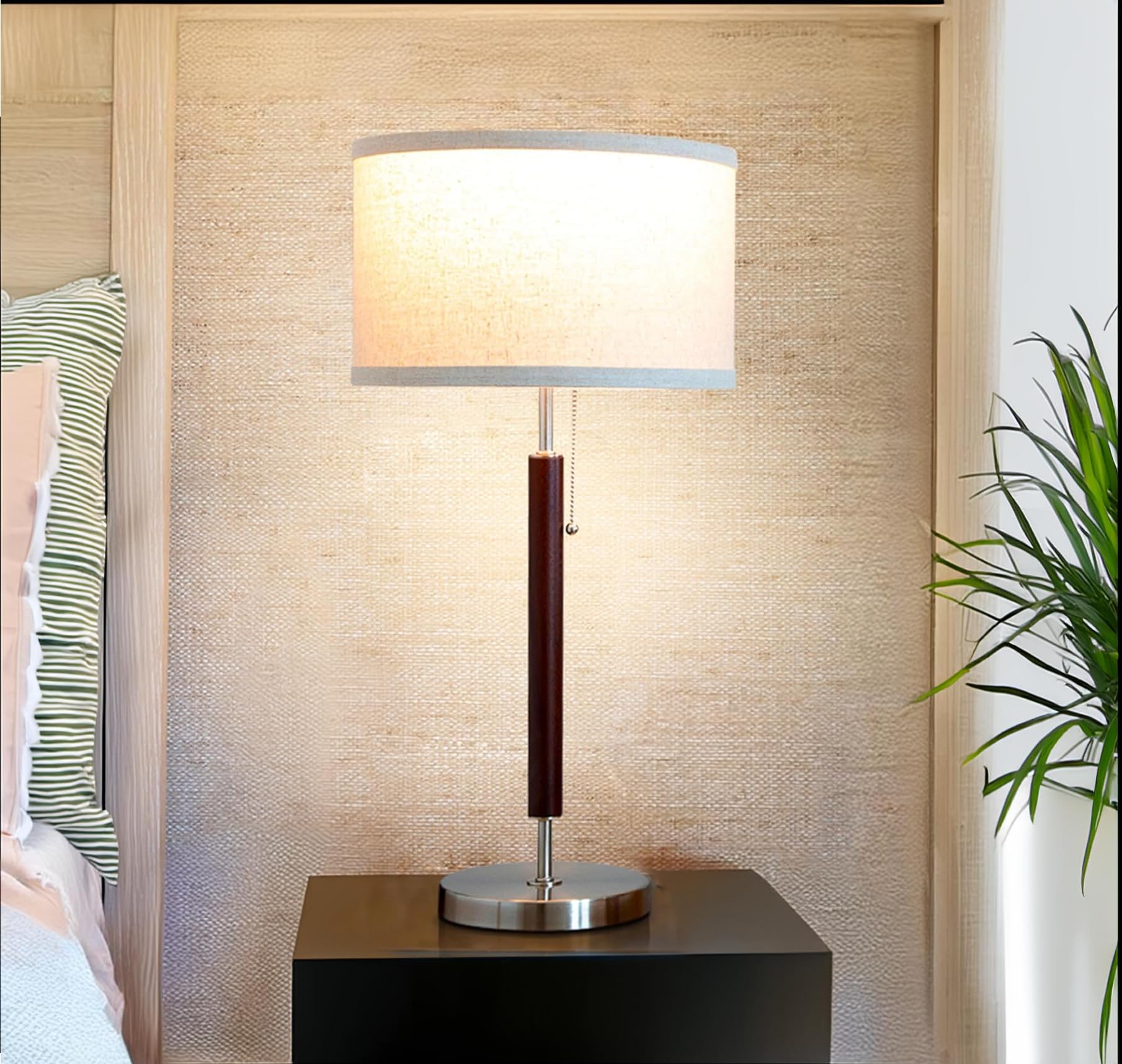 Brightech Carter LED Bedside Lamp - Compact Table & Desk Reading Lamp for Bedroom, Living Room, Office - Modern Nightstand & Side Lamp with Soft Ambient Light - Stainless Steel & Wood Finish