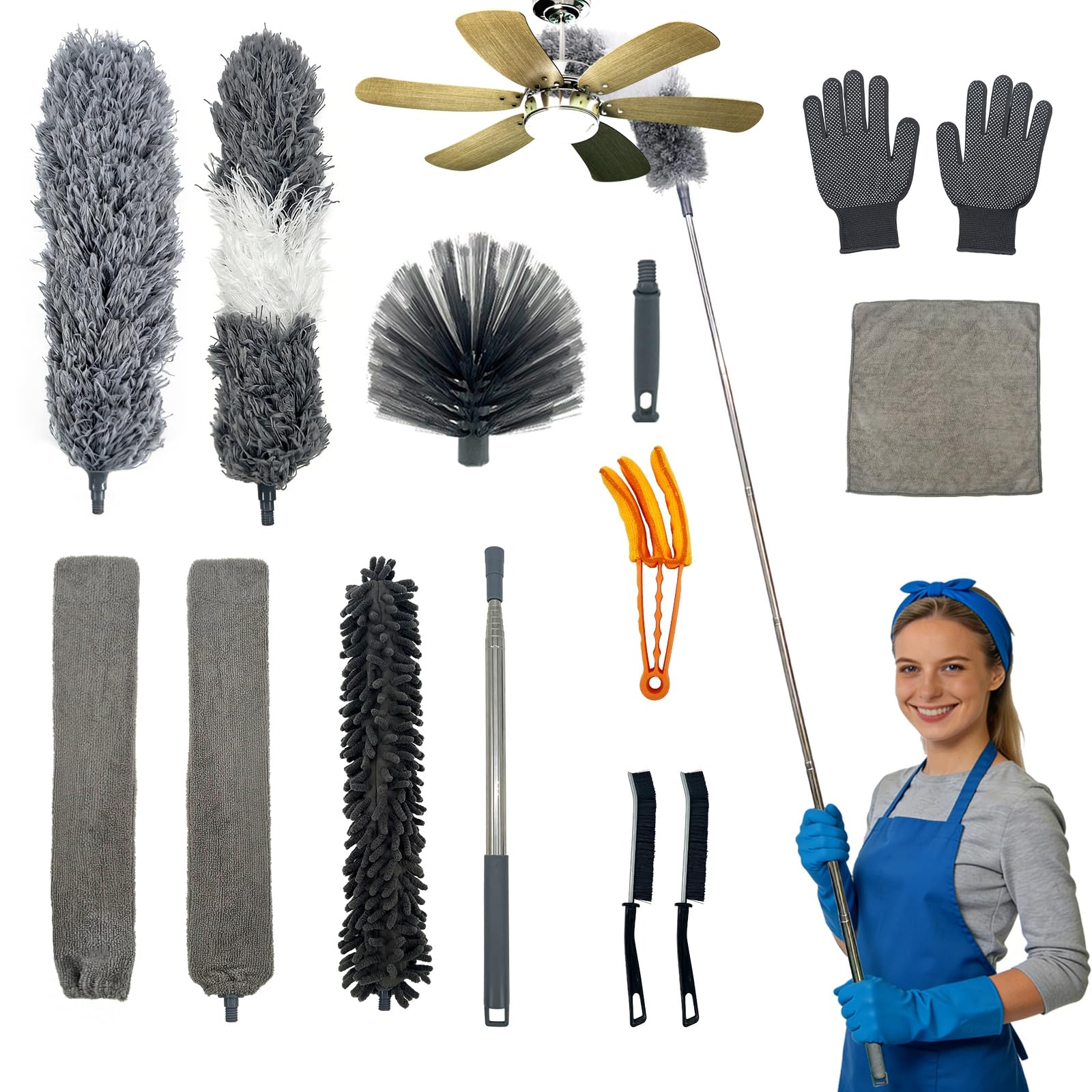 Photo 1 of 13PCS Feather Duster Kit, Microfiber Duster with Extension Pole 100 Inches, Washable & Reusable Duster for Cleaning Fans, Baseboards, Car, Walls and Floors