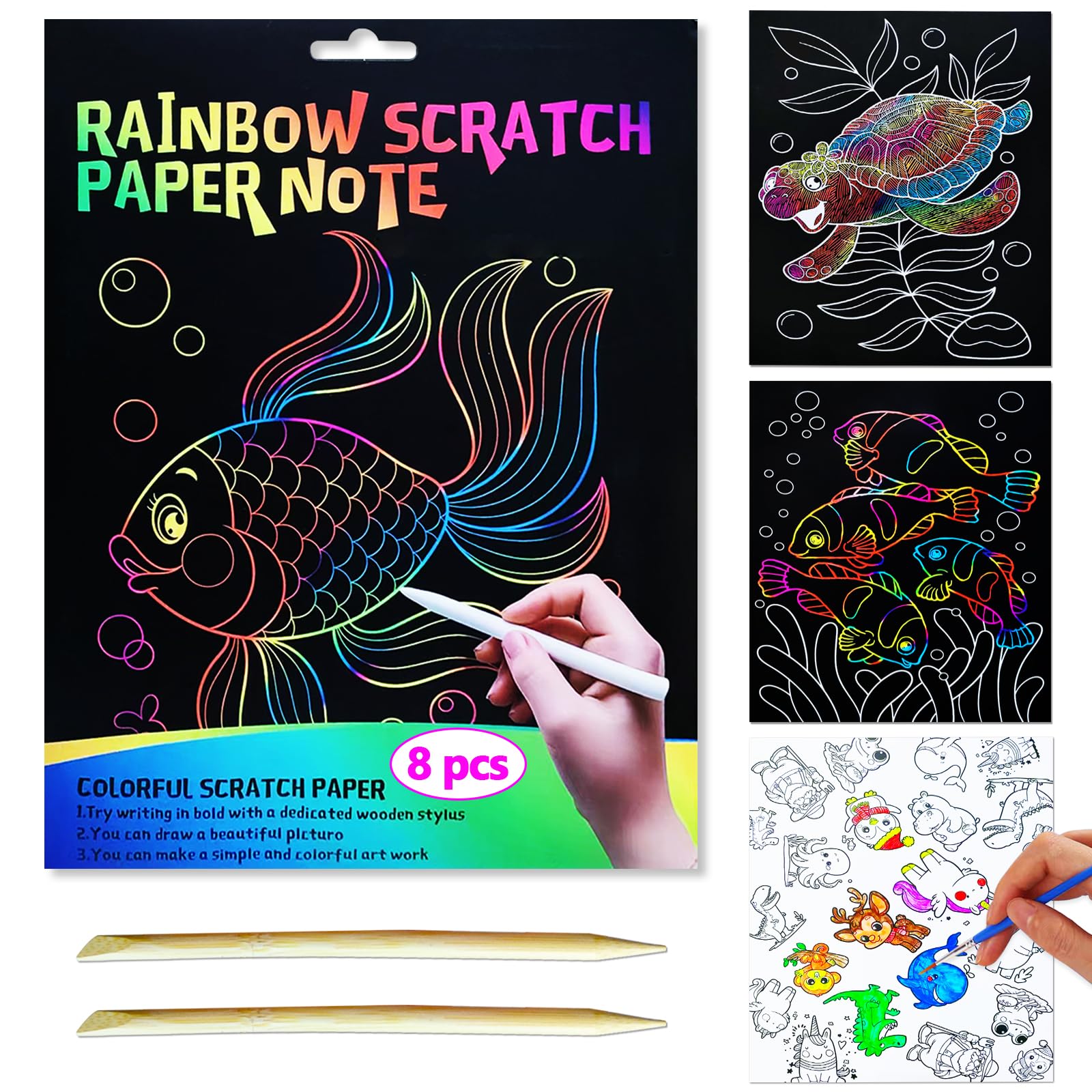 JUNQIU Scratch Art for Kids, Rainbow Scratch Paper Art Set - Ocean, Arts and Crafts for Girls Boys Ages 4-8, Kid Activity & Christmas Crafts, Stocking Stuffers for Kids