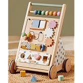 Tiny Land Wooden Baby Walker with Activity Center, Montessori Push Walker | Adjustable speed for beginners, From sitting play to first steps, Sensory hand-on games, Gift for boys &amp; girls, Morandi