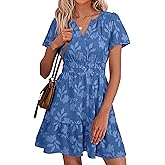Simplee Womens Summer Floral Dress Casual Short Sleeve V Neck Empire Waist Boho Flowy A Line Mini Wedding Guest Dresses