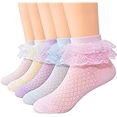 Looching 5 Pairs Toddler Baby Girls Ruffle Lace Socks Eyelet Mesh Cotton Frilly Ankle Soft Dress Kids Princess Socks 2-13T