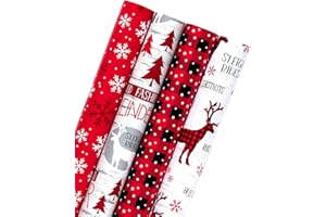 WRAPAHOLIC 30 Inch Christmas Wrapping Paper Roll - Jumbo Roll Rustic Holiday Woodland Scenes - Snowflake, Plaid, Reindeer - 4 Rolls - 30 Inch x 120 Inch Per Roll