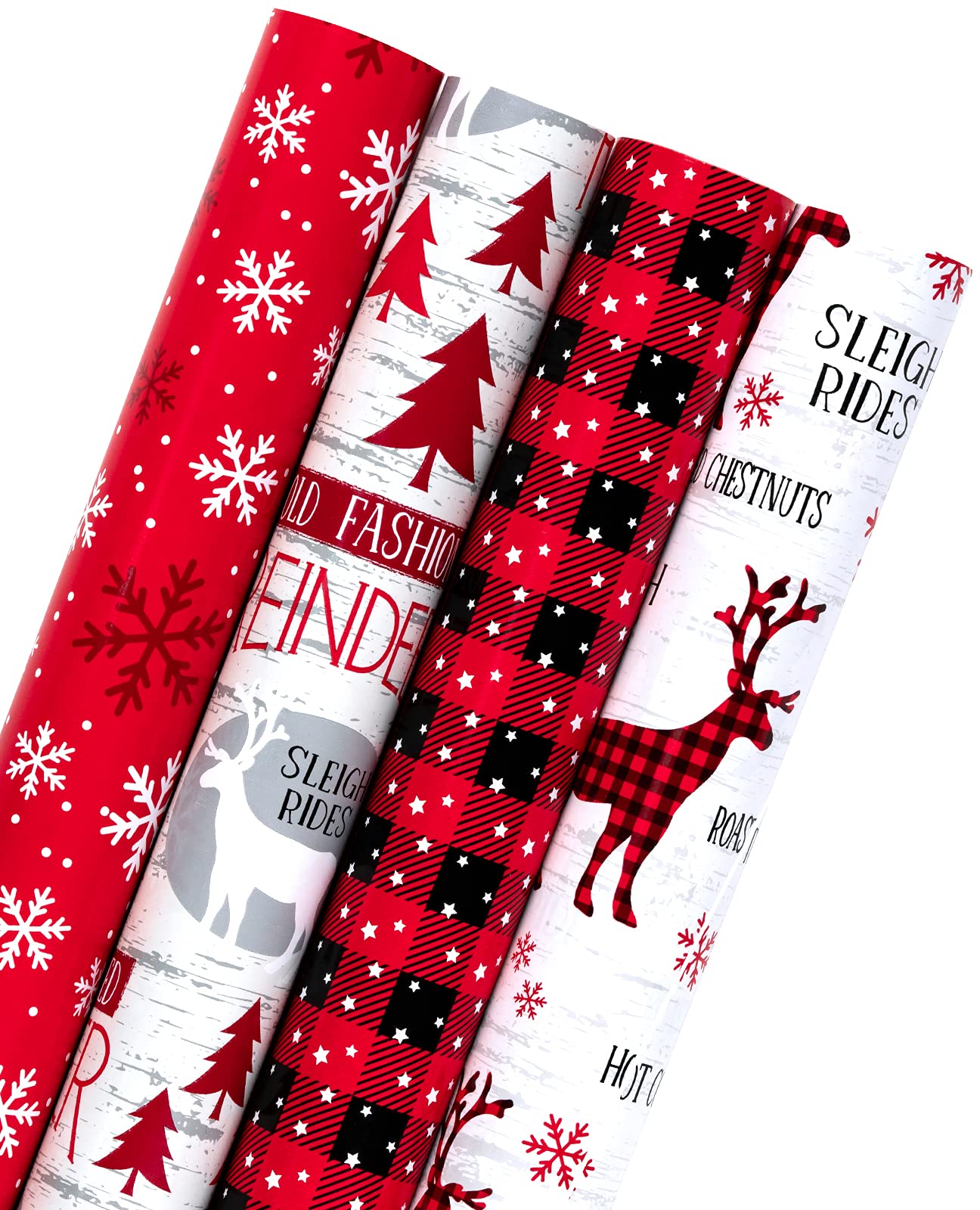 RUSPEPA Christmas Wrapping Paper Roll - Rustic Holiday Woodland Scenes - Snowflake, Plaid, Reindeer - 4 Rolls - 76 cm X 305 cm Per Roll