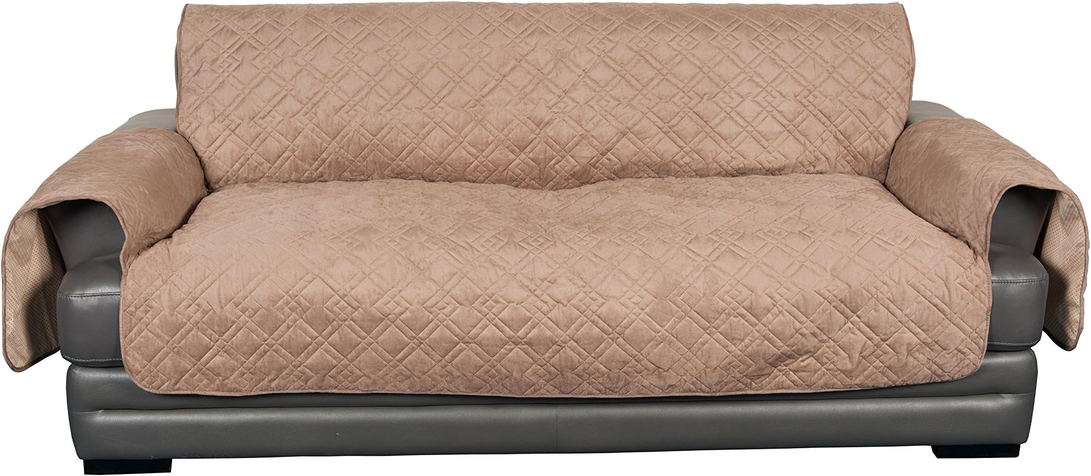 Homeyone Anti-Slip Sofa Protector Cover Water Resistant Microsuede Double Diamond Quilting (Sofa, Tan)