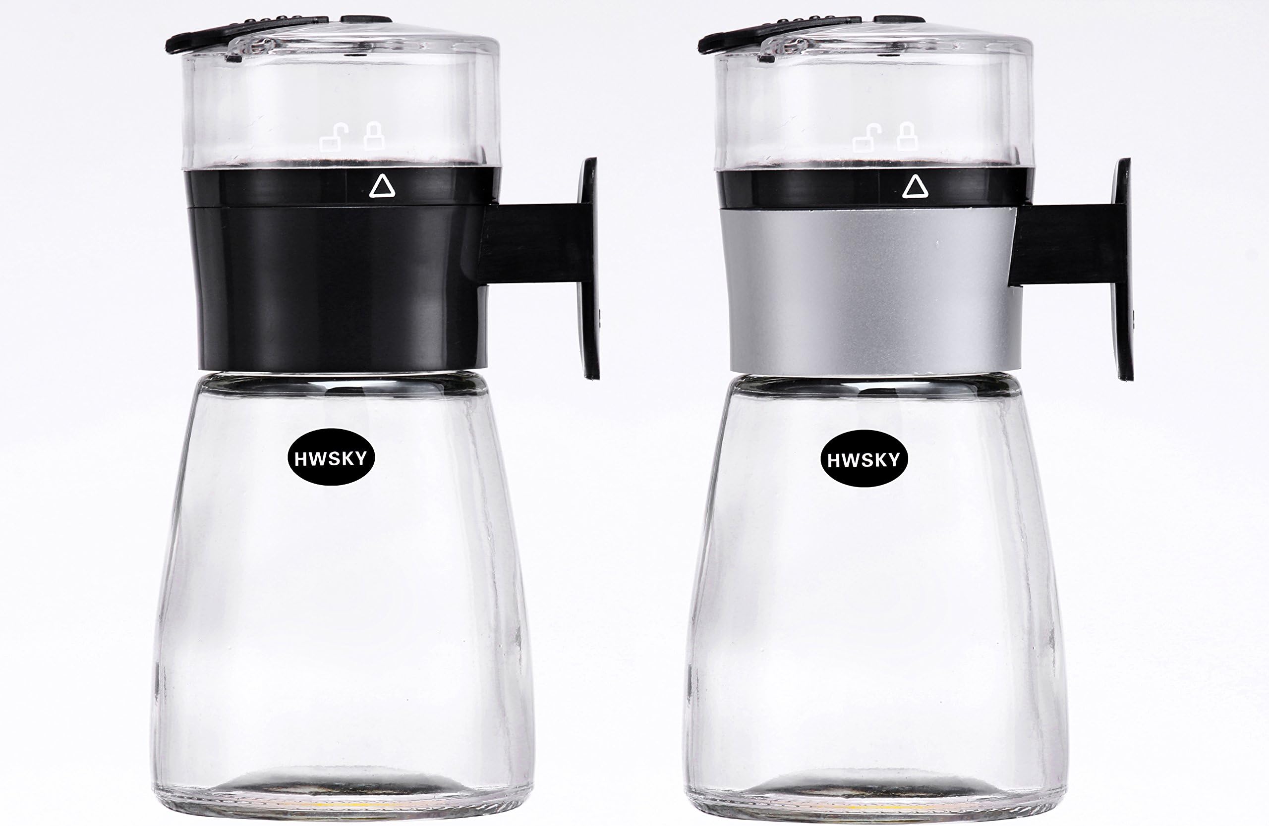 HWSHY Metering Salt Shaker, Set of 2 Black & Silver Glass Salt/Sugar/Pepper Shaker Seasoning Cans Spice Bottles for Kitchen Storage and Outdoor Barbecue, The Best Control Salt Jar Box for Healthy Life