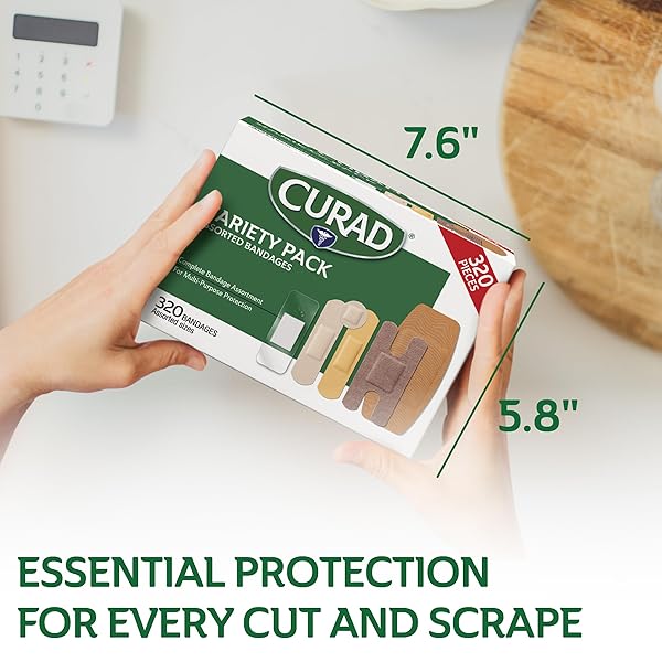 CURAD ASSORTED BANDAGES BULK VARIETY PACK | 320 COUNT |5 STYLES INCLUDING WATERPROOF, SHEER, PLASTIC, HEAVY DUTY & FLEX-FABRIC | FIRST AID KIT ESSENTIALS | PROTECTS SCRAPES, CUTS & BURNS
