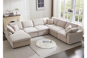Siiejia Modular Sectional Sofa Modern Oversized Chenille Cloud Couch with Movable Ottoman 7 Seater L-Shaped Sofas Comfy Couches for Living Room Spacious Space Office Lounge, Beige