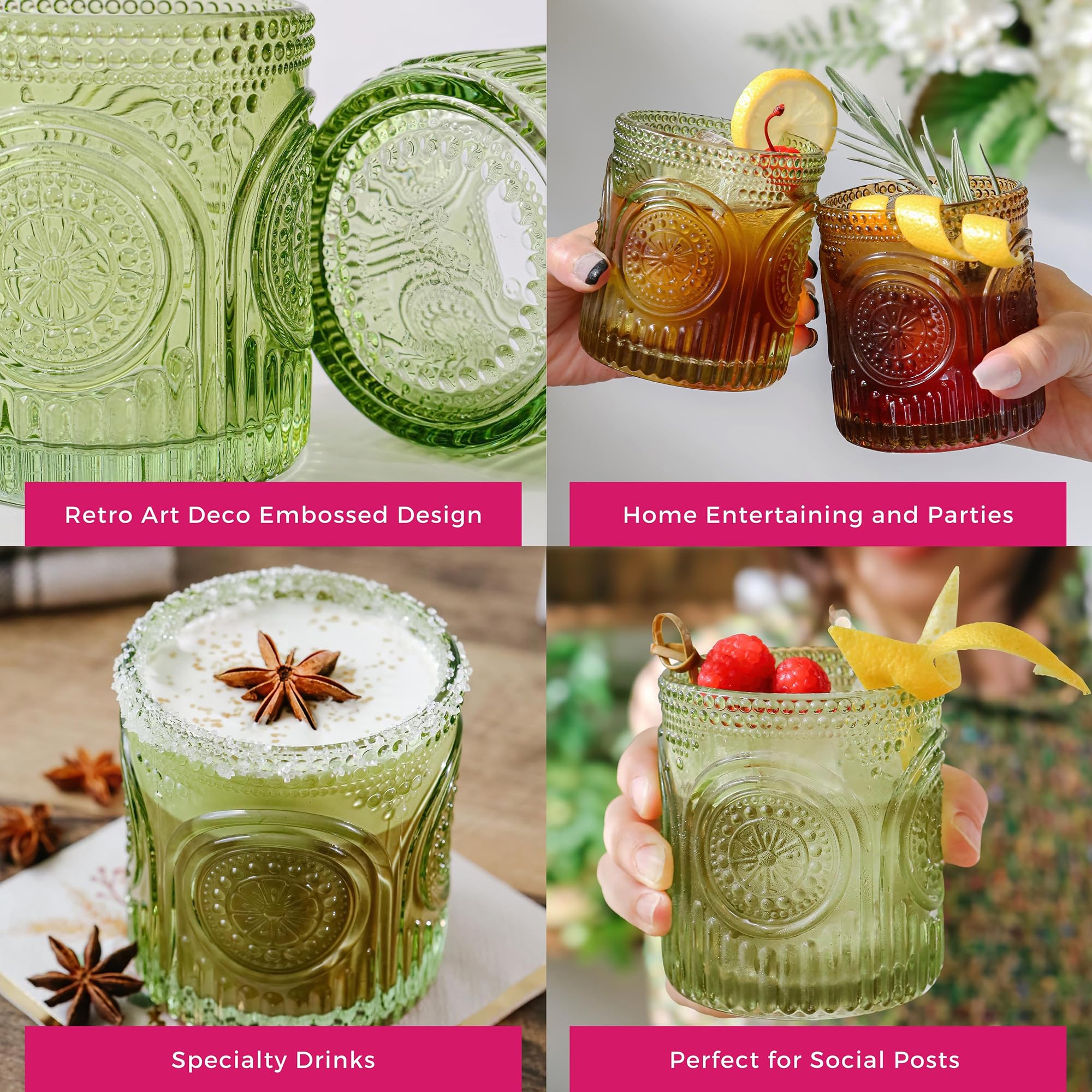 Kate Aspen Retro Arch Floral Green Drinking Glasses Set of 6-10 oz Vintage Beaded Glassware, Perfect for Water, Cocktail, Juice