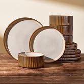 Famiware Premium Dinnerware Set for 4, Reactive Glaze Plates and Bowls Sets | 12-Piece Stoneware Ribbed Dishes Set, Handmade Ceramics, Microwave &amp; Dishwasher Safe, Chip &amp; Scratch Resistant, Cream Brown