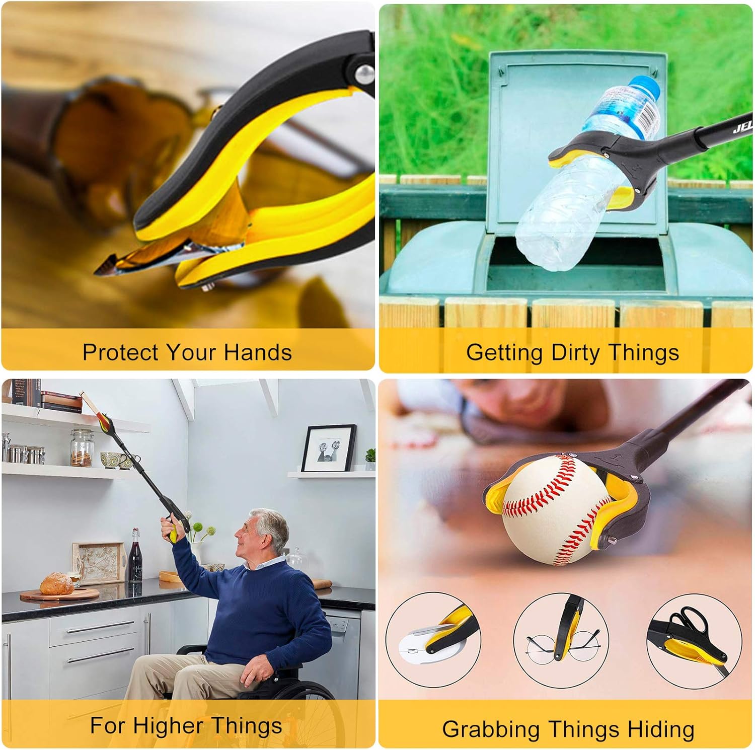 Jellas 2-Pack 32 Inch Grabber Reacher Tool with Shoehorn, 90° Rotating Head Grabber Tool for Elderly, Outdoor and Indoor Trash Picker Grabber(Yellow): Health & Personal Care