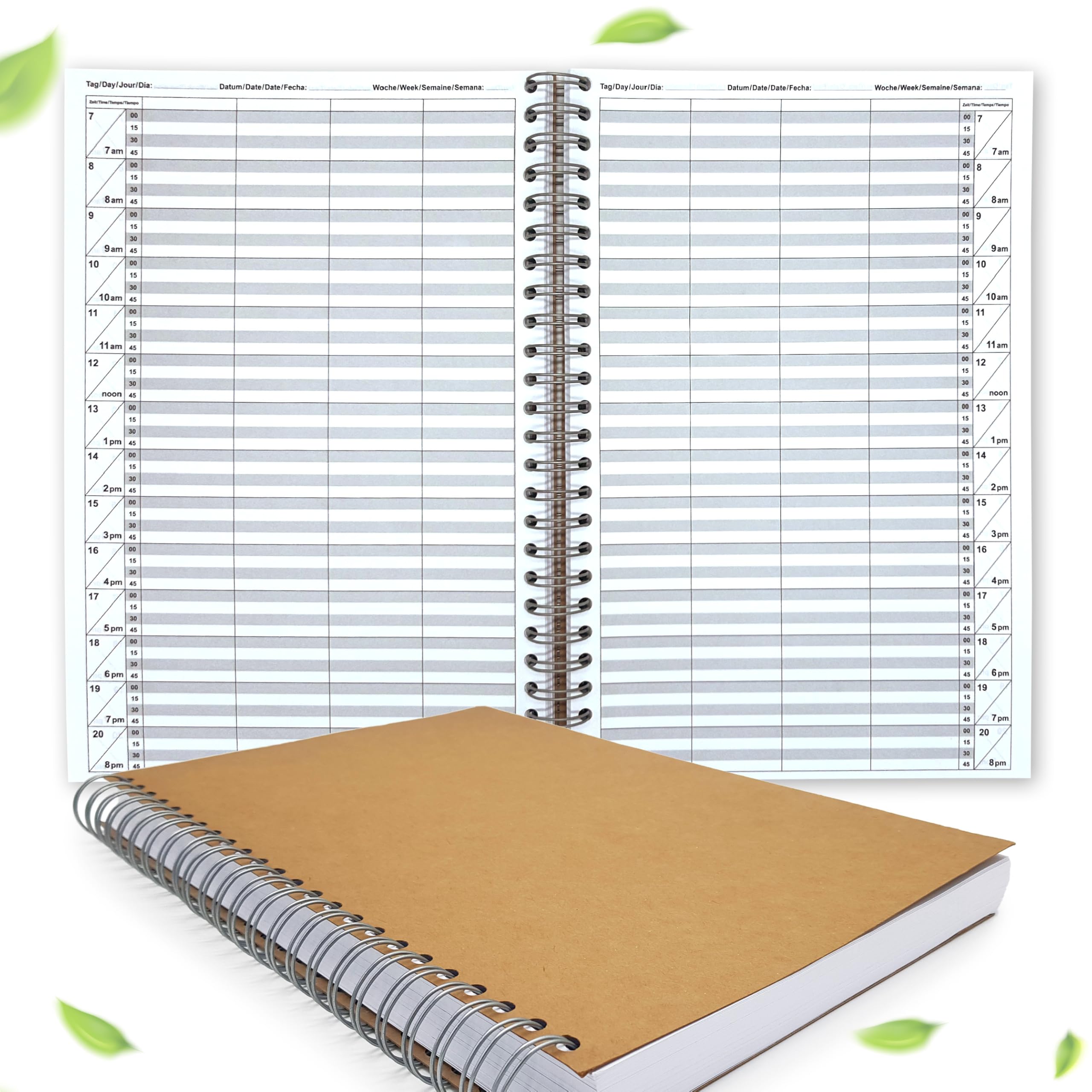 Appointment book for hairdresser, barber-shops, beauty salons, physiotherapy practices for 1-10 assistants and 10, 15 or 30 minute time slots – sturdy spiral binding (4 columns 15 minutes time slots)