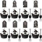Halloween Cupcake Toppers - 48PCS Tombstones Graveyard Cupcake Toppers &amp; Mini Shovel Spoons - 8 Designs Halloween Cake Decorations - Helloween Birthday Decorations