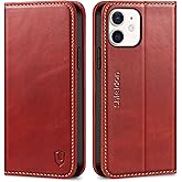 SHIELDON Wallet Case for iPhone 12 Pro 6.1", Genuine Leather Folio Case Kickstand and RFID Blocking Credit Card Slots Magnetic Closure Compatible with iPhone 12/12 Pro - Retro Red