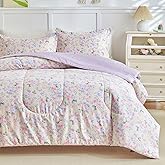 Joyreap 3pcs Floral Cotton Comforter Set for Girls, Pink Purple Flowers on Light Khaki Design, Queen Size Soft n Cozy Bedding Comforter Set for All Season- 88x88 inches