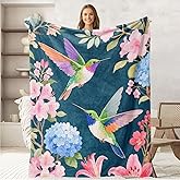 keepitcozi Hummingbird Gifts for Women Girls, Hummingbird Floral Blanket Decor for Home, Colorful Flowers Print Throws, Flannel Soft Blanket for Bed Couch 50"x60"
