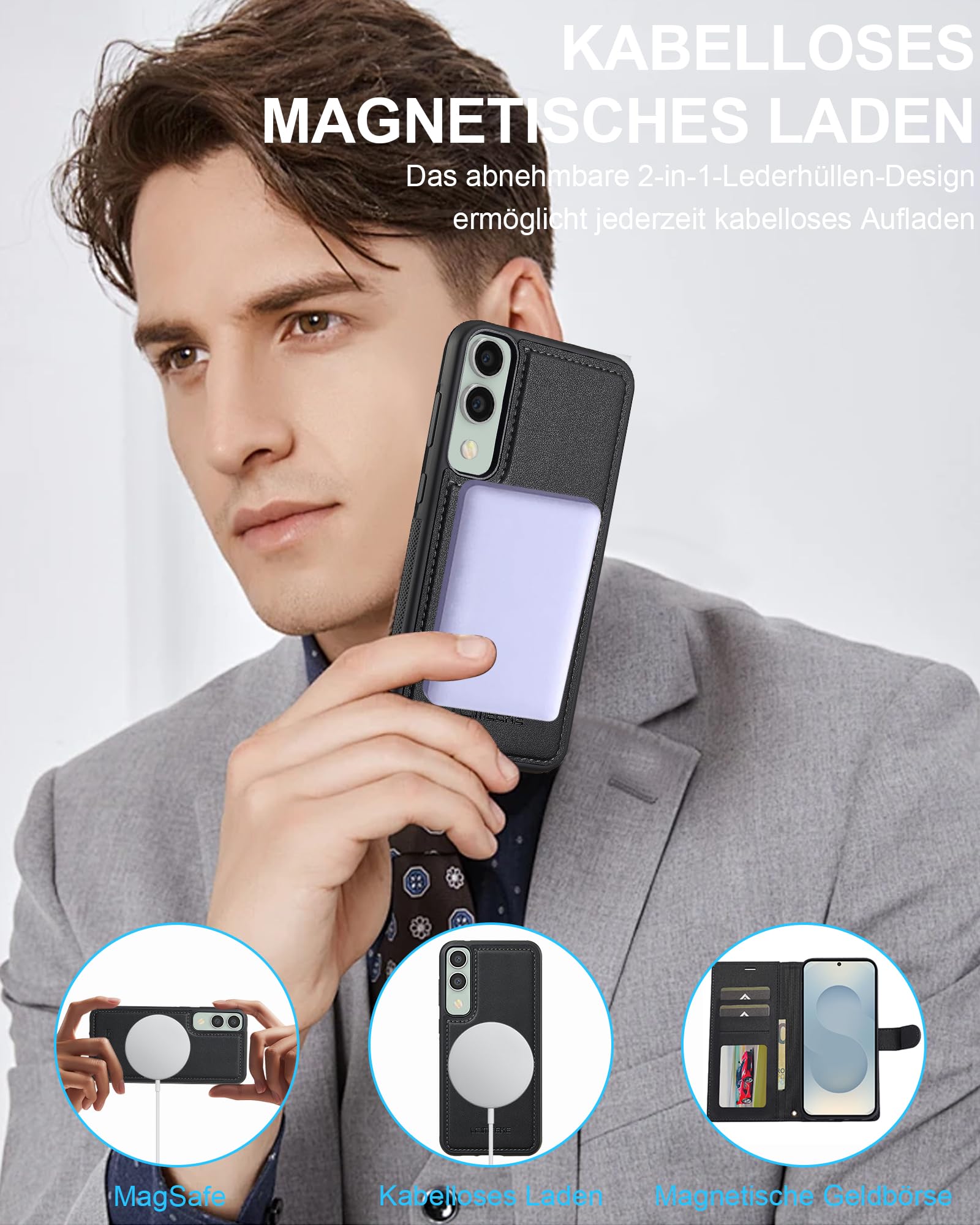 Ailicici für Samsung Galaxy S25 Edge Hülle, 2-IN-1 Abnehmbare magnetische Hülle, Kabelloses Laden, Kartenfach Leder Case, Handyhülle RFID Klapphülle, Schutzhülle für Samsung S25 Edge 5G 5