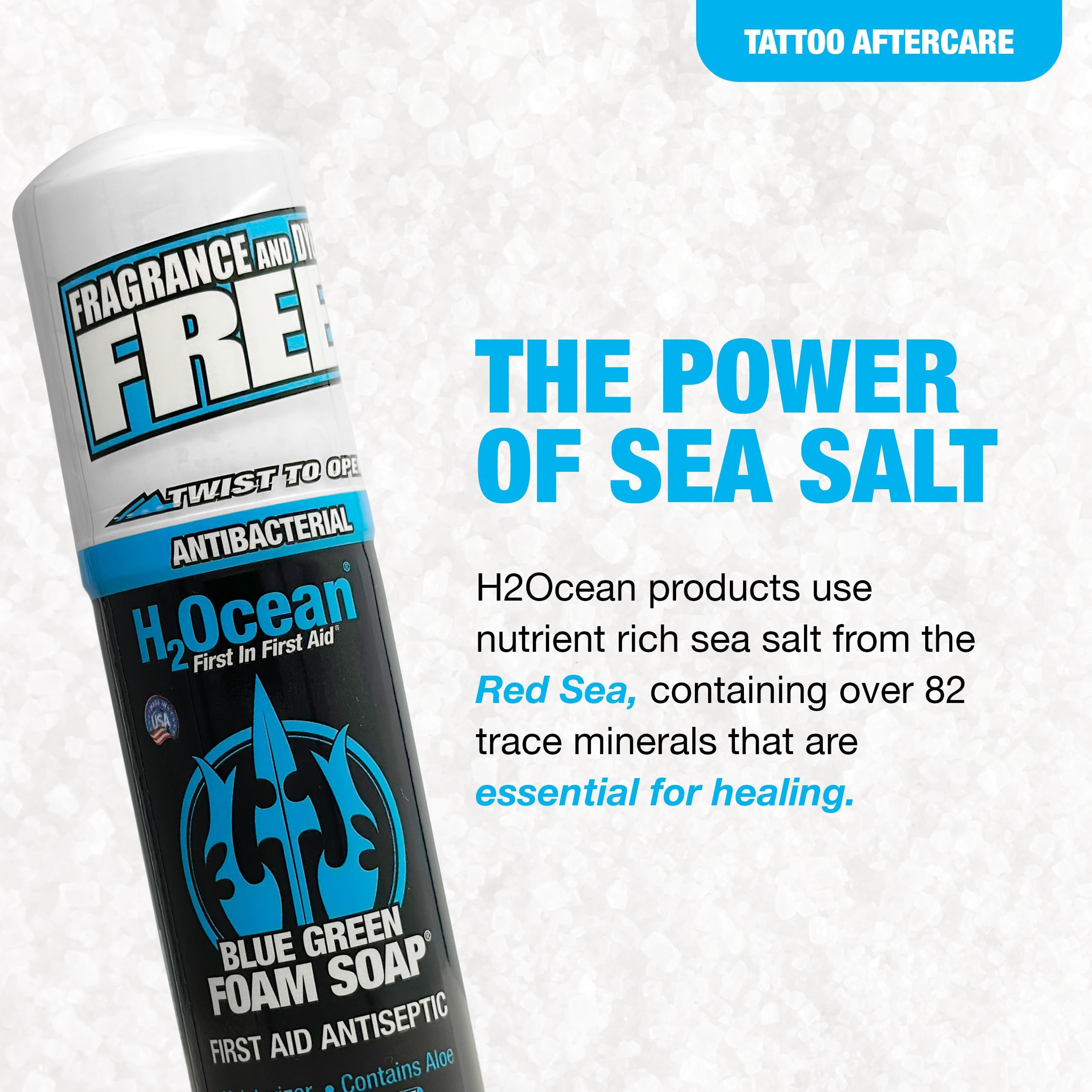 H2Ocean Blue Green Foam Soap - Foam Antibacterial Aftercare - Tattoo Care with Aloe Vera - Travel-Size Tattoo Moisturizer Soap - 1.7 oz