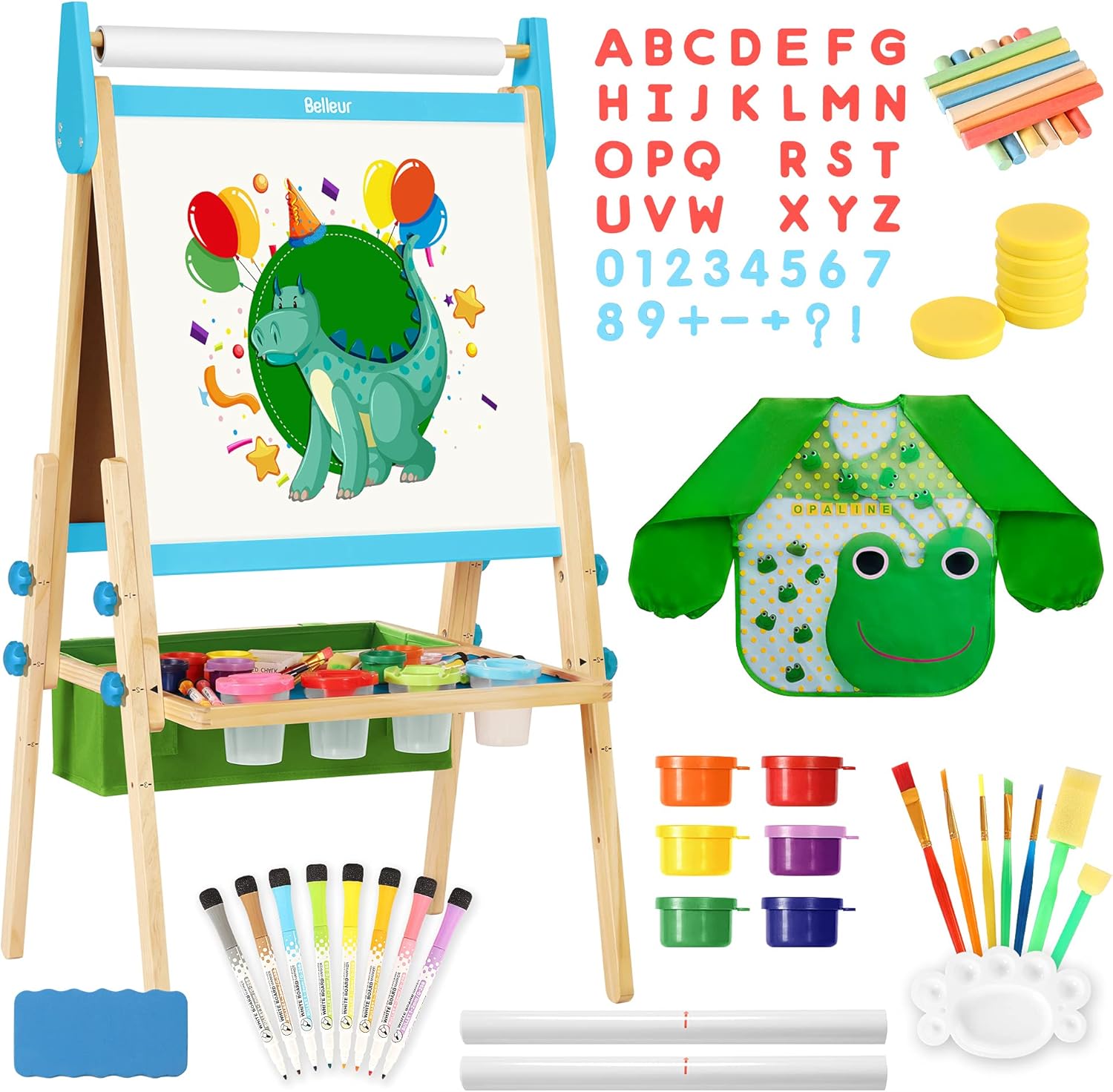 Belleur All-in-one Kid Easel Including 2 Paper Rolls, Magnetic Letters, 6 Finger Paints, 8 Colors Markers, Deluxe Standing Art Easel with Magnetic Chalkboard & Whiteboard, Easy to Adjust Height - Blue: Home & Kitchen