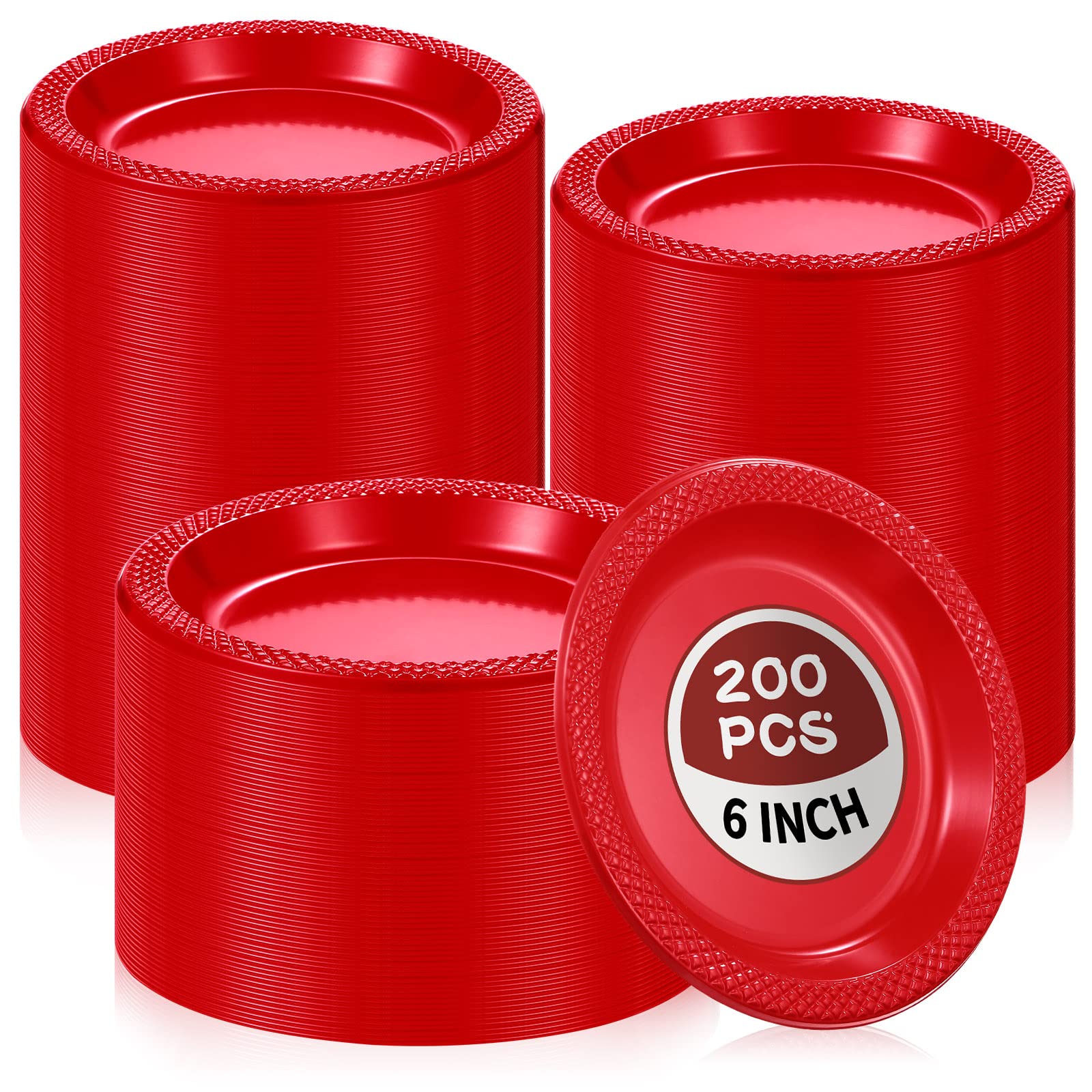 Photo 1 of Mimorou 200 Pcs Red Plates Plastic 6 Inch Red Round Disposable for All Occasions Cake Plates Bulk for Special Events Wedding Birthday Travel Appetizer Party Supplies