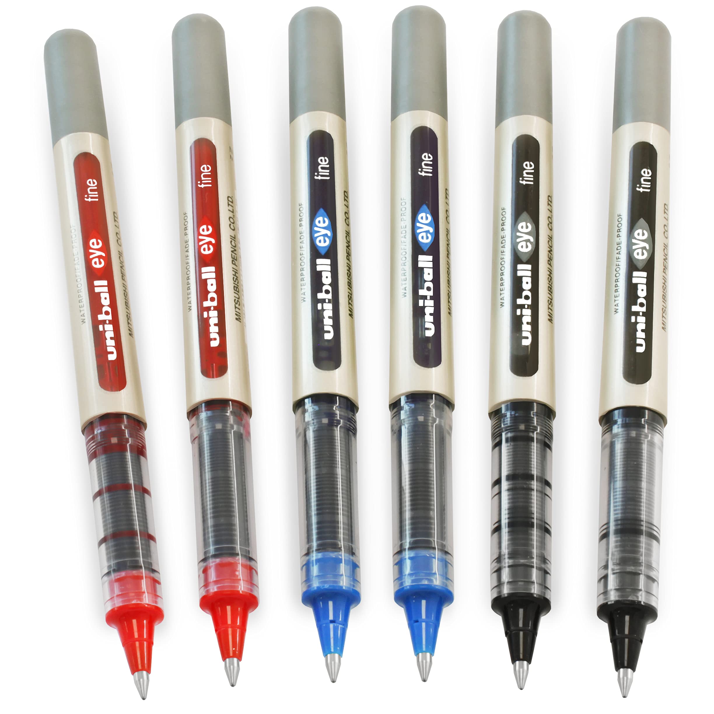 uni-ball EYE - UB-157E Rollerball Pens - 0.7mm Nib - Black, Blue, Red - Pack of 6