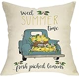 Pycat Summer Farmhouse Throw Pillow Cover 18 x 18 for Couch Summer Sweet Time Decoration Home Décor Lemon Truck Fresh Pick Decorative Pillowcase Cotton Linen Cushion Case for Sofa