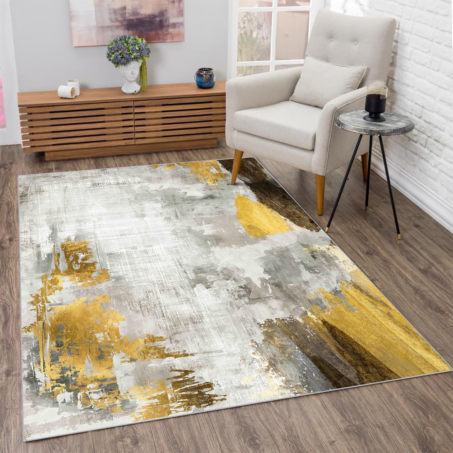 Photo 1 of Poeti Washable Rug, Ultra Thin 5x7 Area Rugs - Non Slip Carpet - Small Neutral Area Rugs for Living Room Entryway Office Dining Room - Modern Abstract Rug, Grey/Mustard/Brown