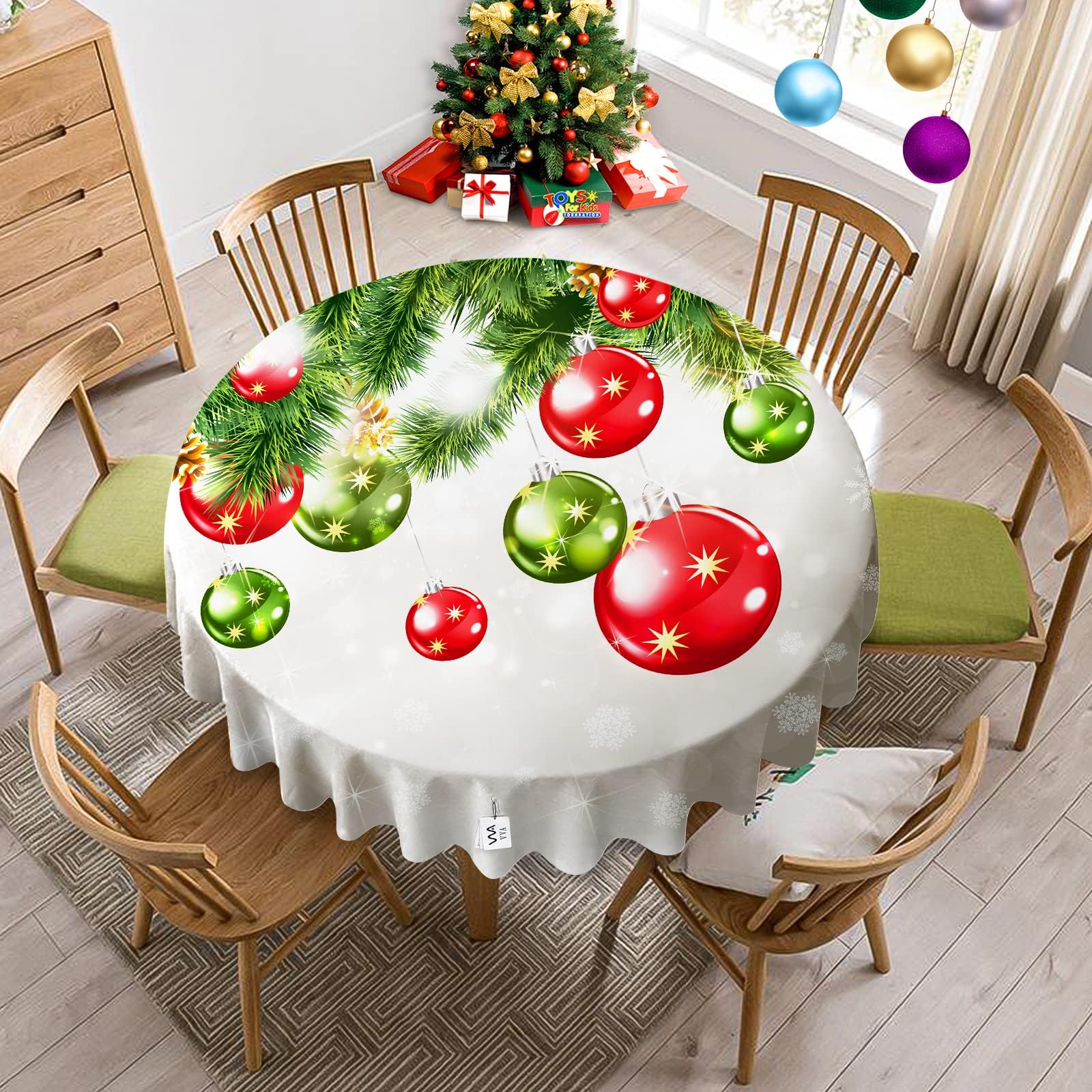 VVA Round Christmas Tablecloth New Year Colorful Xmas Balls Snowflake Baubles Ornaments Circle Tablecloths Christmas Table Cloth Winter Season for Gatherings Holiday Dinner Party 60 Inch