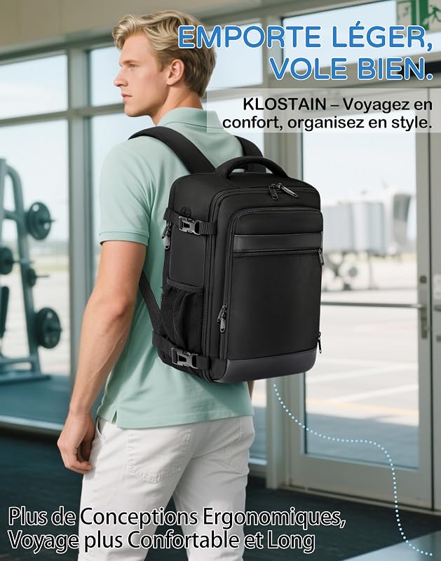 Sac à dos Voyage Cabine Avion 40x30x20 Bagage Cabine pour Ryanair easyJet Eurowings 24L Sac à dos Anti-vol pour Ordinateur 15,6 Pouces Homme Femme Noir