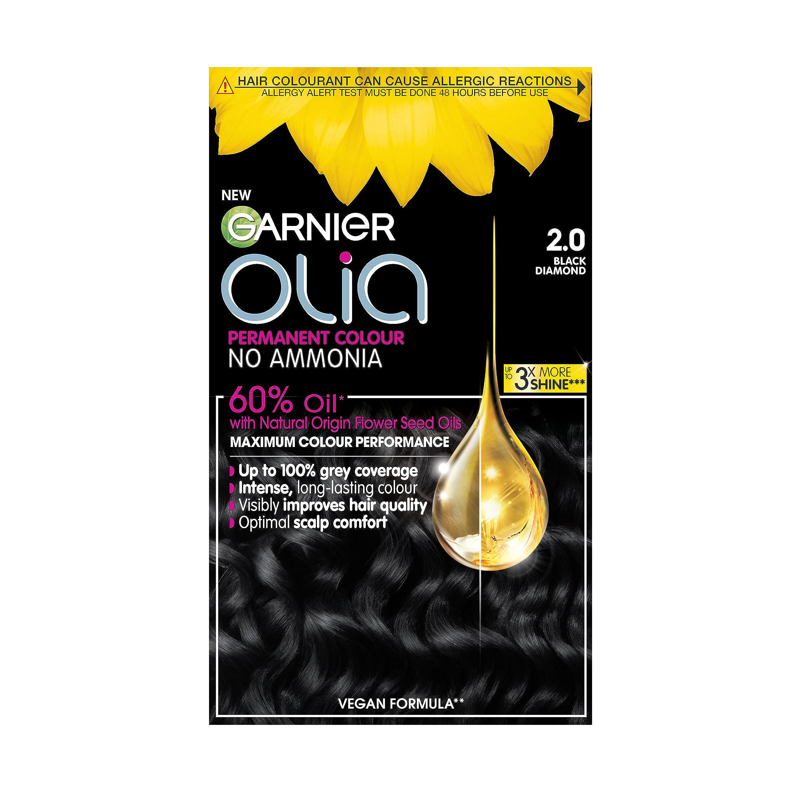 Garnier Olia Permanent Hair Dye, No Ammonia, Full Grey Coverage, Long-lasting Colour & Shine, Vegan Formula, Colour: 2.0 Black Diamond, 230g