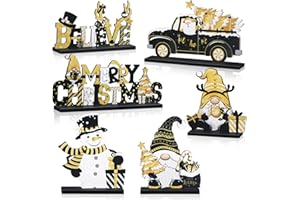 Capoda 6 Pcs Christmas Table Decorations Wooden Christmas Table Centerpieces Xmas Snowman Santa Claus Gnome Signs Merry Xmas Toppers for Holiday Party Supplies(Black, Gold)