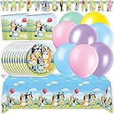 Bluey Birthday Decorations Girl includes 16 Plates, Napkins, Banner, Tablecloth, Balloons, Sticker - Bluey Party Decorations - Officially Licensed