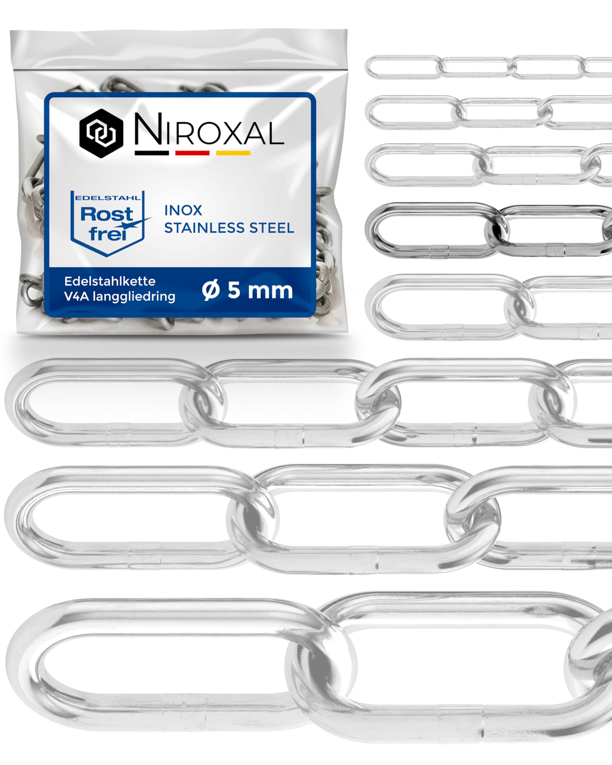 Stainless Steel Chain 316 Marine Grade 5 mm Long Link DIN 763 DIN 5685 Anchor Chain 3 m Pack of 2 NietFullThings