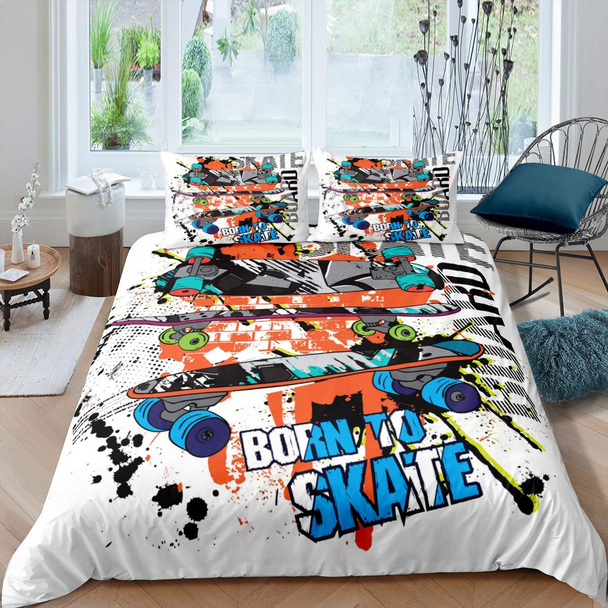 Teens Skateboard Bedding Set Boys Hipster Graffiti Style Comforter Cover for Kids Children Extreme Sports Theme Duvet Cover Cool Skate Board Bedspread Cover Room Decor With 1 Pillow Case Single Size