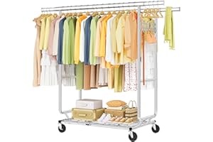 Hoctieon 2-Minute Assembly Double Rod Clothes Rack, Heavy Duty Rolling Clothing Racks with Wheels, Foldable Commercial Garment Rack, Extendable Hanging Bar, Adjustable Metal Pole with Hooks, Chrome