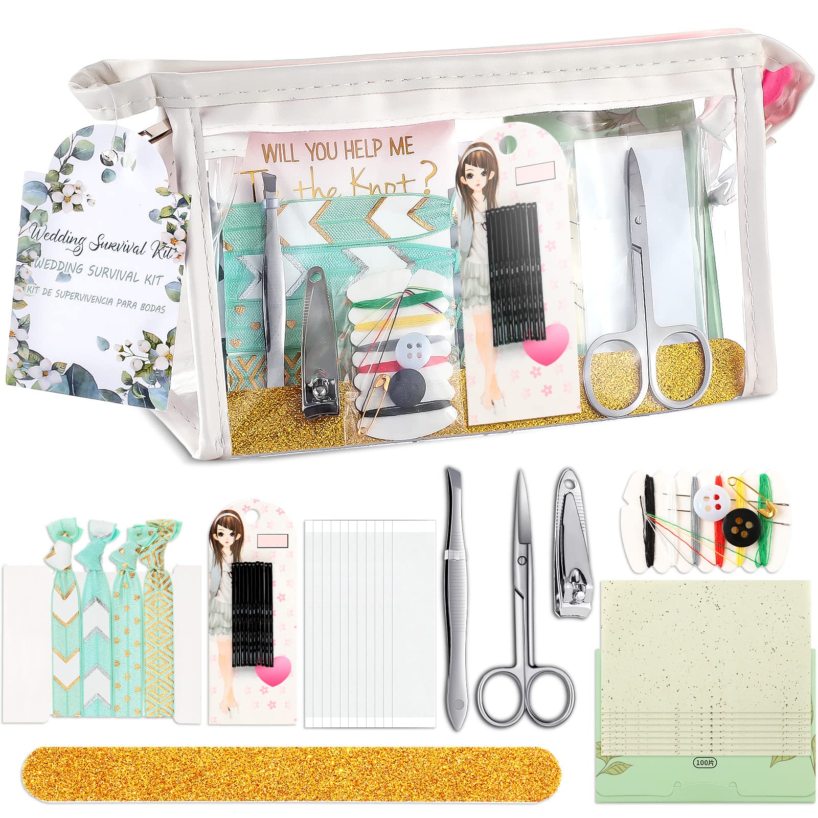 Photo 1 of 132 Pieces Wedding Survival Kit Bridal Mini Emergency Kit Bridal Party Proposal Gifts for Women with Makeup Bags Floral Wedding Bride Emergency Supplies(Leaves Style)