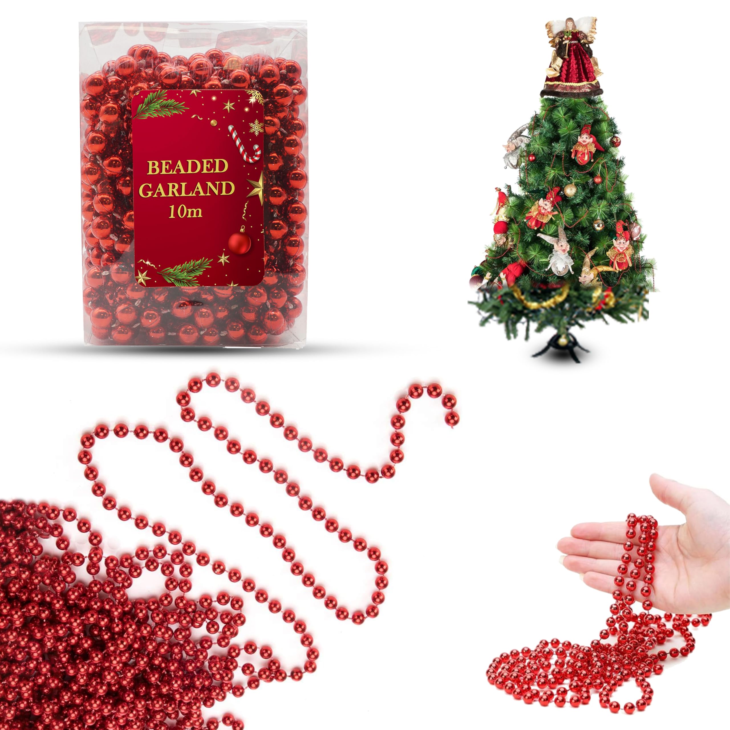 Red Christmas Bead Garland 10m – Shiny Bead Chain Decoration for Christmas Tree, Hanging Pearl Garland for Holiday Decor, Valentines, Weddings, Parties & Home Decorations