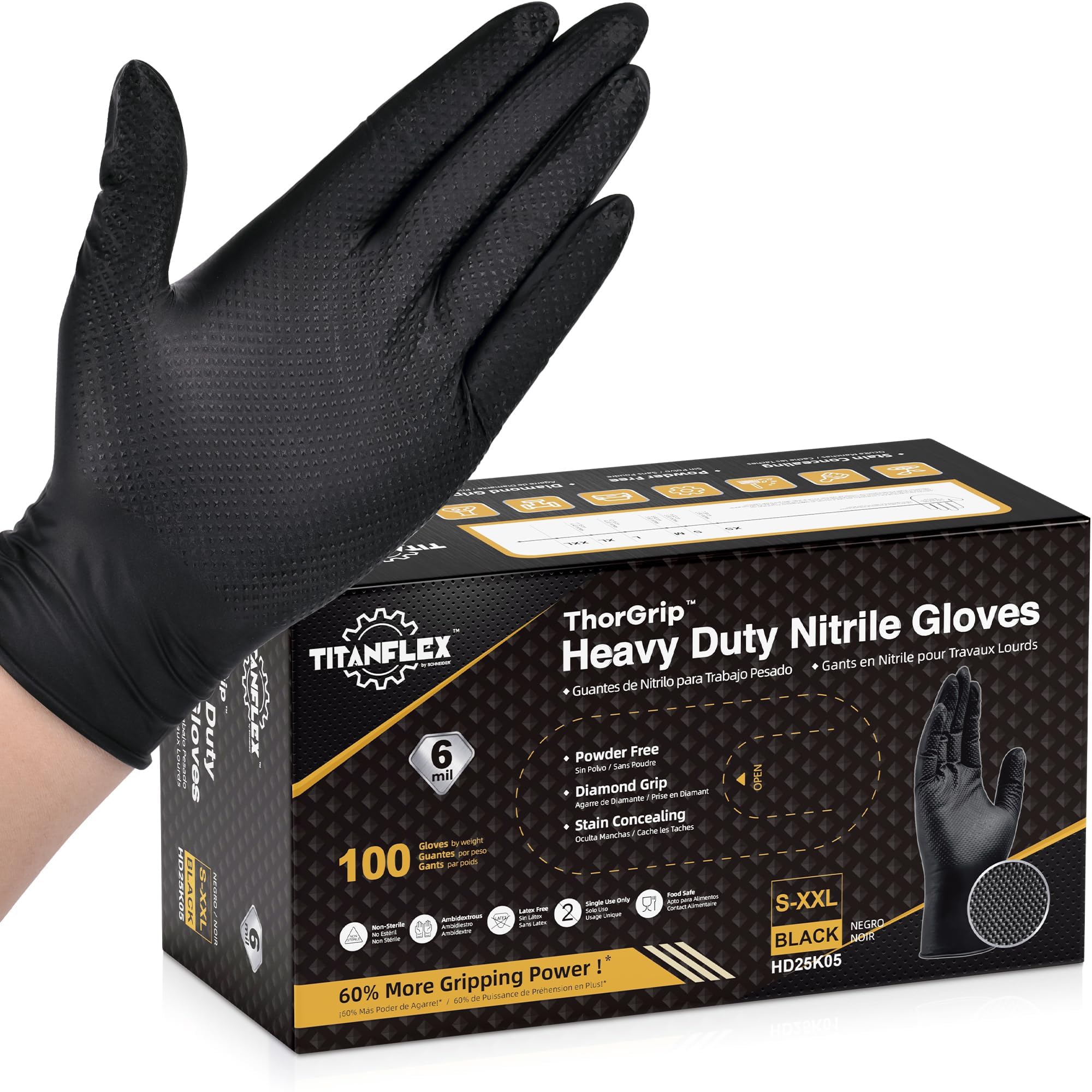 TitanFlex Heavy Duty Black Nitrile Gloves, Large, 6 Mil with Raised Diamond Texture, Industrial Work Gloves Disposable Latex Free, Powder Free, Mechanic Disposable Gloves(L)