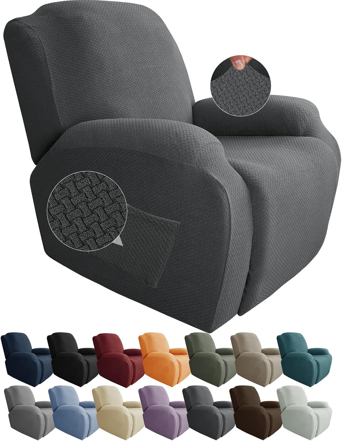 Slipcovers - JIVINER Newest Design 4-Piece Recliner Chair Covers Stretch Jacquard Chair Covers for Recliner Chair Recliner Slipcovers for Living Room Soft Recliner Protector with Pocket (Recliner, Dark Gray)