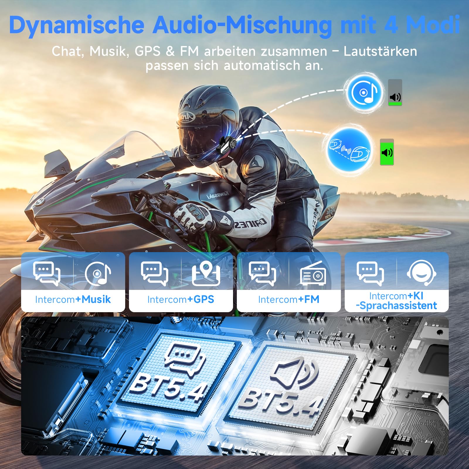 Moman Motorrad Intercom Headset, H2S 1000M Motorradhelm Kommunikationssystem ENC& DSP&CVC Geräuschreduzierung Multitasking-Audio Hi-Fi Stereo Musik Teilen FM AI Sprache IPX6 Wasserdicht (2 Pack) 4