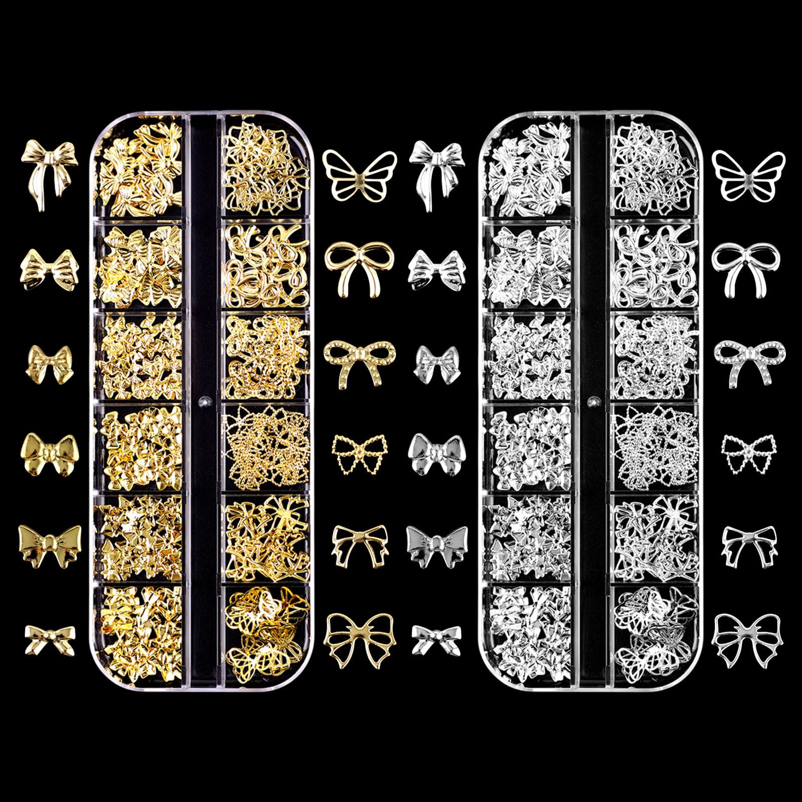 3D Bow Charms, 2 Boxes 24 Grids Butterfly Gems, Metal Alloy Gold Silver Studs Bowknot Art Decorations Accessories for Nail Design DIY Crafts (Gold Silver C)