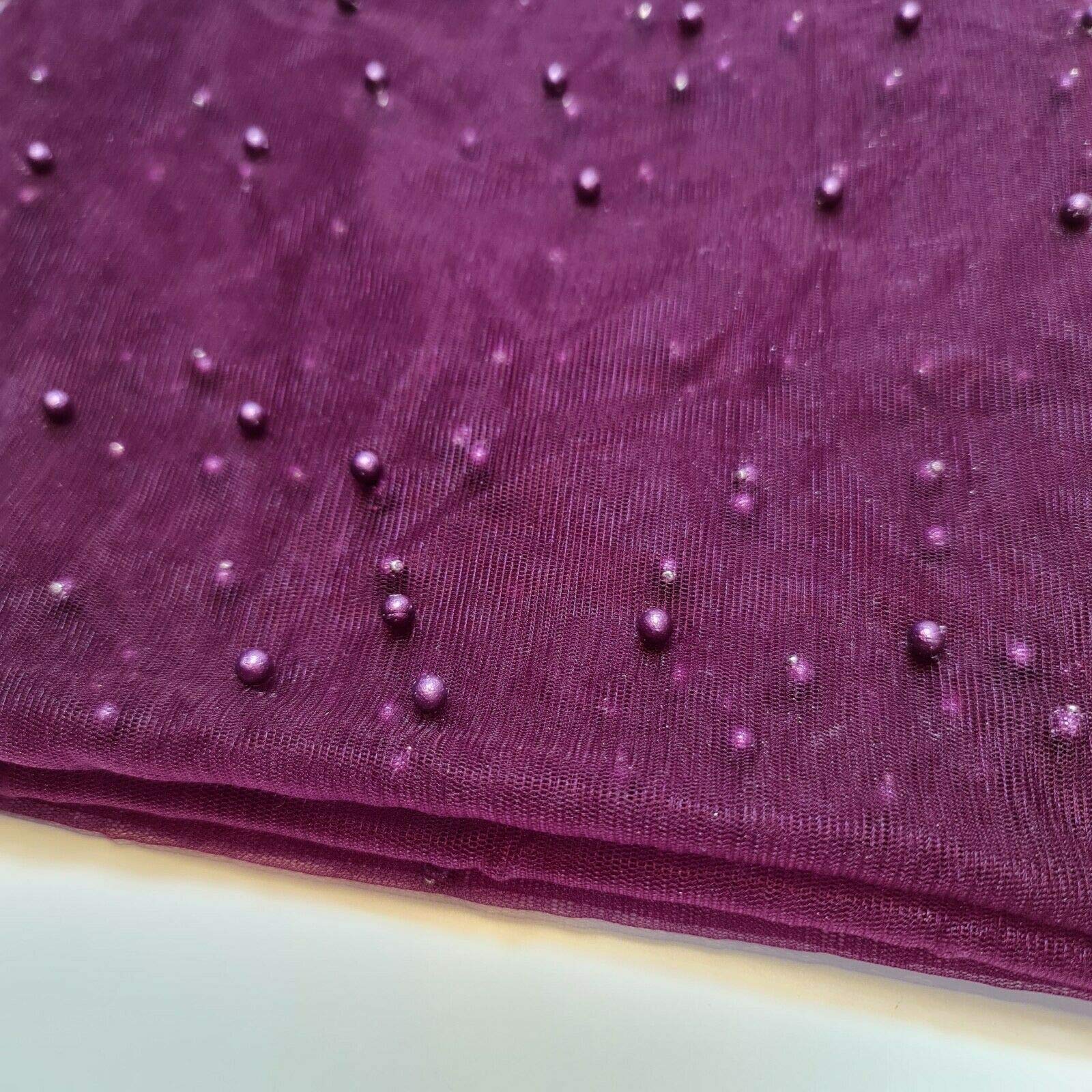 Tulle Beaded Pearl Lace Net Fabric Bridal Veil Wedding Backdrop Décor 58" - 150cm Wide Sold As 1 Meter Pre - Cut Lengths (Plum)
