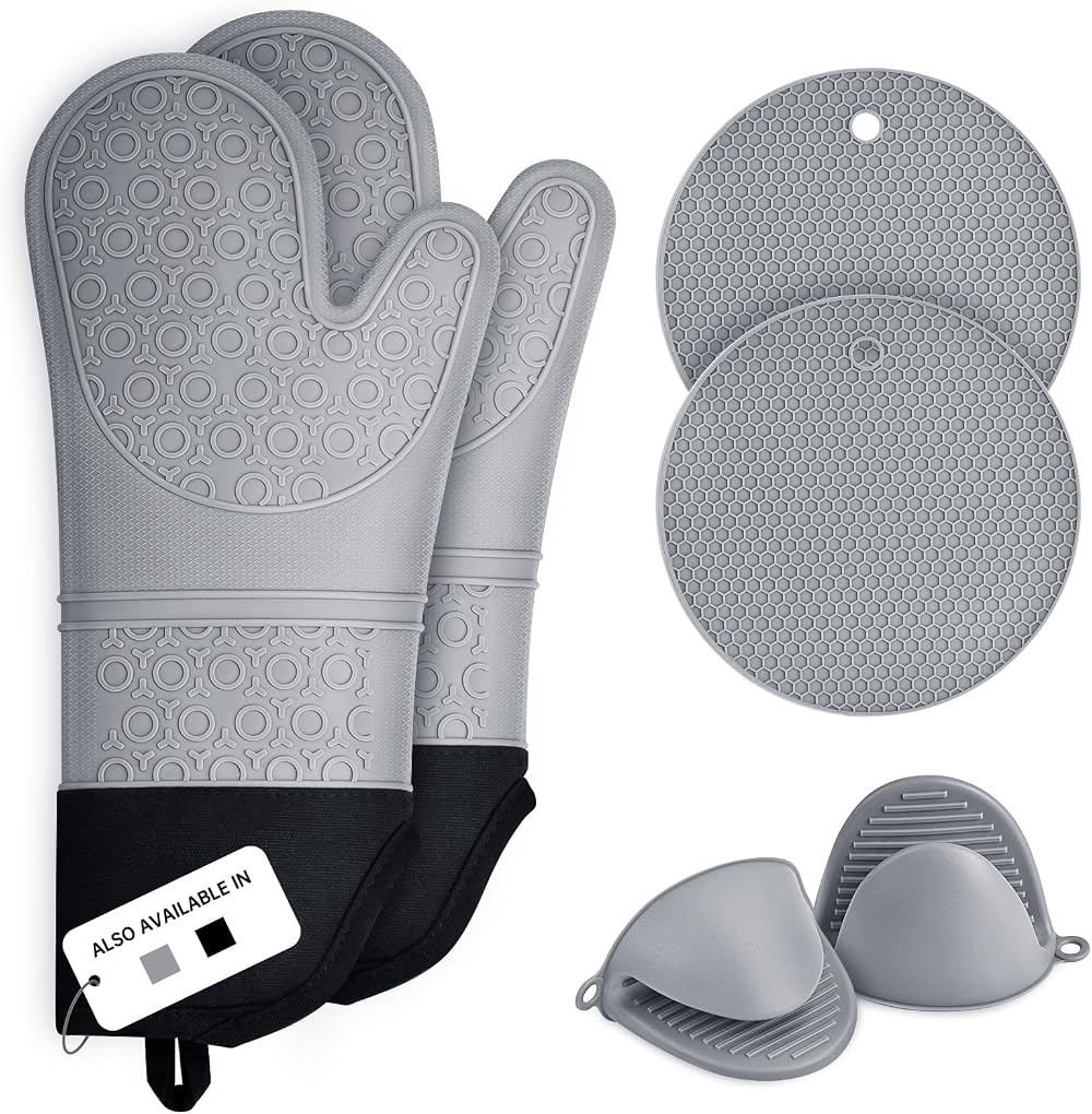 Sopito Set of 6 Silicone Oven Gloves Grey 446°F Heat Resistant with Pot Holders
