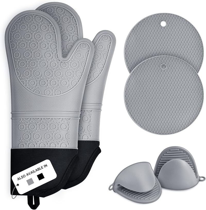 Sopito Set of 6 Silicone Oven Gloves Grey 446°F Heat Resistant with Pot Holders
