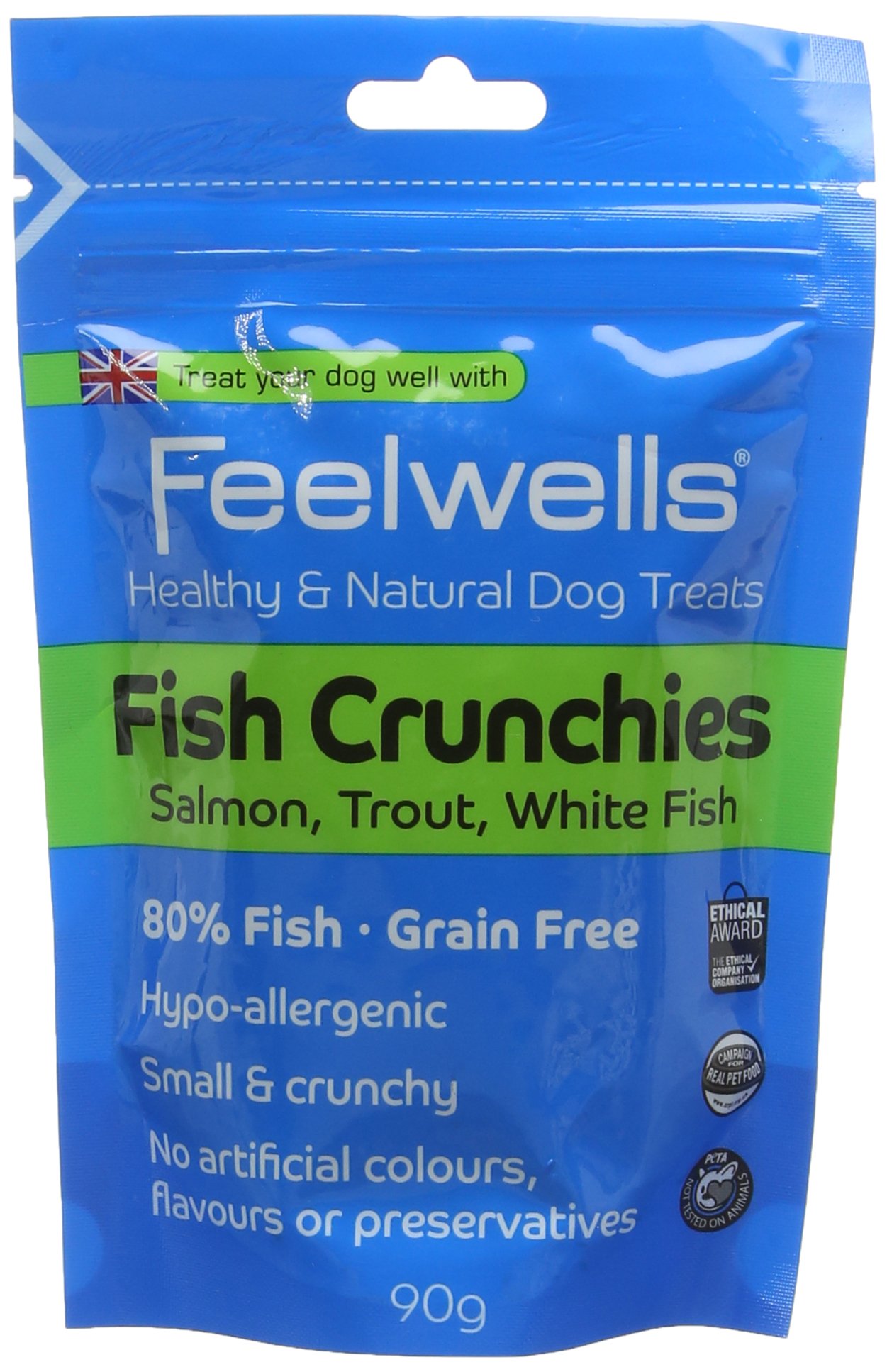 Feelwells Fish Crunchies - Healthy and Natural Dog Treats, 80% Fish (Salmon, Trout, White Fish), Grain Free, Hypo-Allergenic, Small and Crunchy, No Artificial Colors, Flavors and Preservatives, 90 g