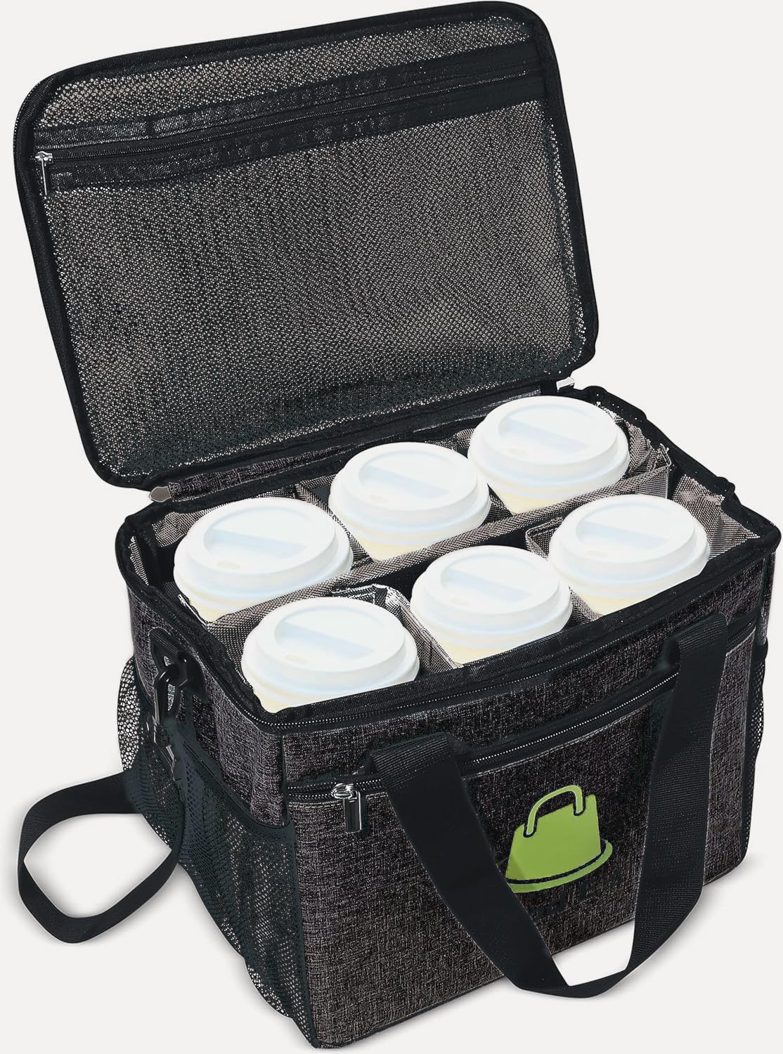Photo 1 of Good E’s Reusable 6 Cups Insulated Beverage Bag, Portable Cooler Tote with 5 Divider, Shoulder Strap & Side Pockets, Drink Caddy Cup Holder Carrier for Delivery,Insulated Picnic Bag (Black) (Black)