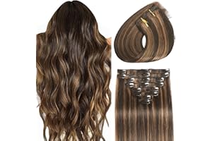 GAOYIFU Clip in Hair Extensions Real Human Hair Seamless Balayage Human Clip ins Extensions for Women Invisible Straight 8Pcs Double Weft Dark Brown Highlight Chestnut Brown 16inch 90g
