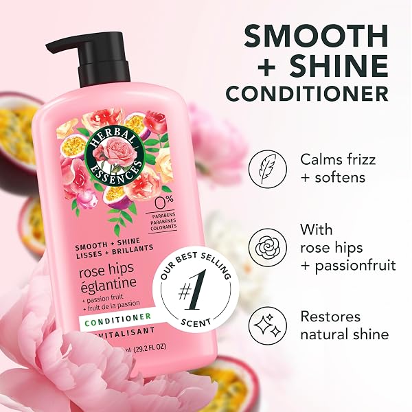 HERBAL ESSENCES CONDITIONER, ROSE HIPS + PASSIONFRUIT – SMOOTH COLLECTION, SHINY HAIR WITH VITAMIN E & JOJOBA, SAFE FOR COLOR TREATED HAIR, FLORAL SCENT, CRUELTY-FREE, DERMATOLOGIST-TESTED, 29.2 FL OZ