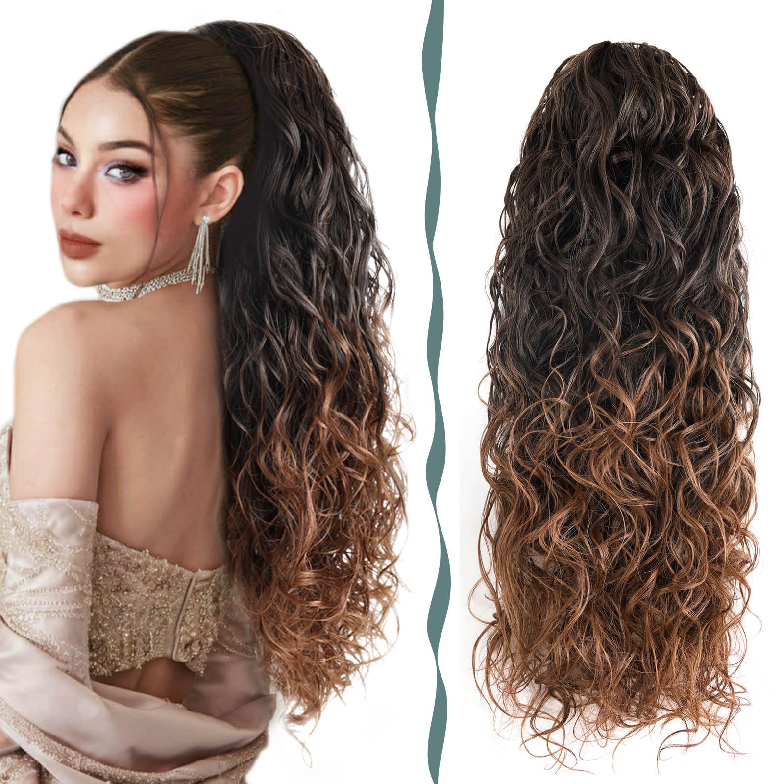 BHF Ponytail Extension - Long Curly Ponytail Hair Pieces for Women Clip in Synthetic Drawstring Long Wavy Fake for Daily Use 26 inch（mt1b/30#）