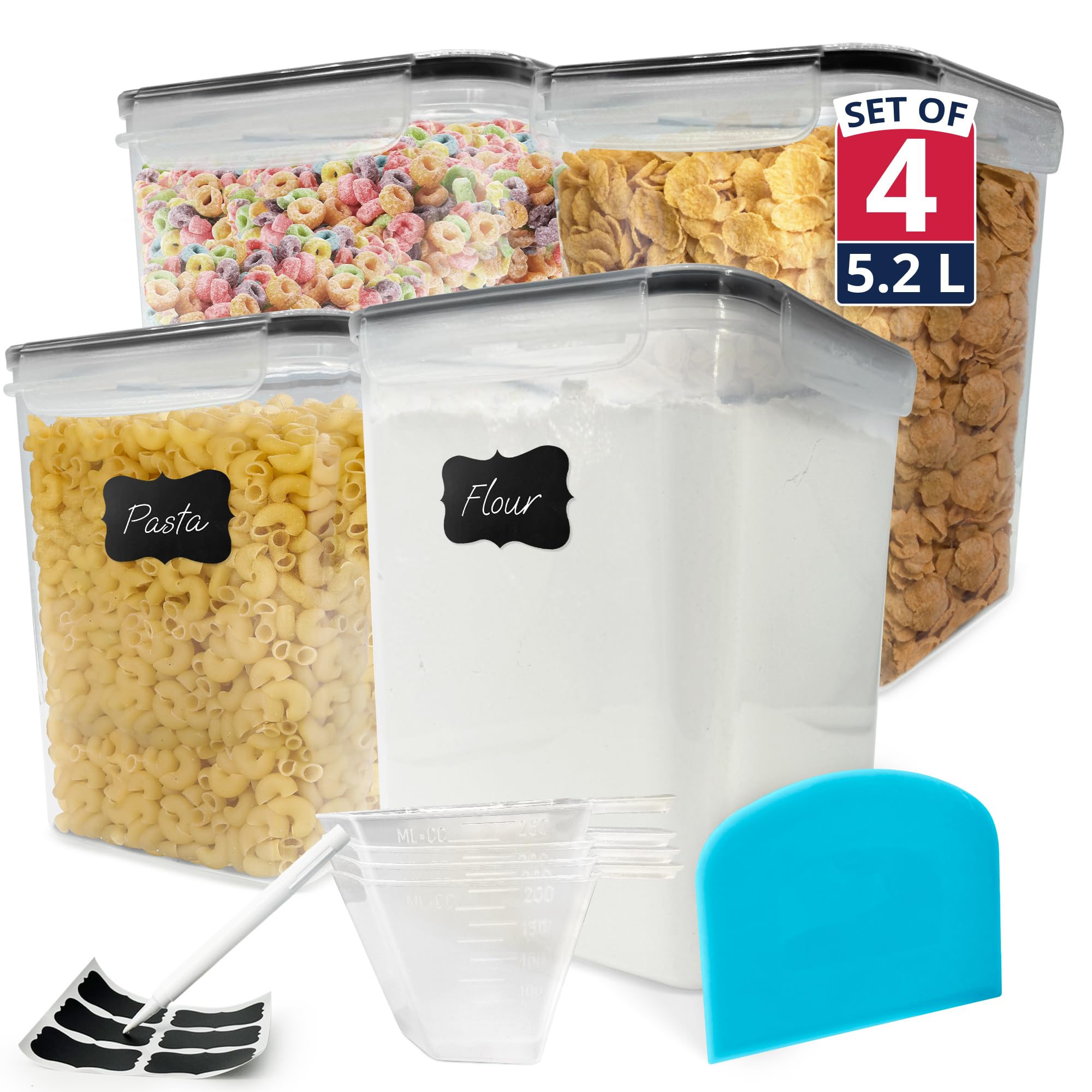 Photo 1 of Reli. 5.2L Airtight Food Storage Containers with Lids (4 Sets) | Kitchen Organizers and Storage Pantry Organizers | BPA Free Plastic Container Set w/ 4 Measuring Cups, Dough Scraper, 6 Labels, Pen